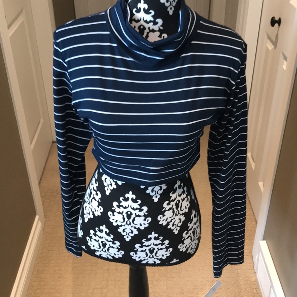 Navy and white striped long sleeved turtle neck half tee
